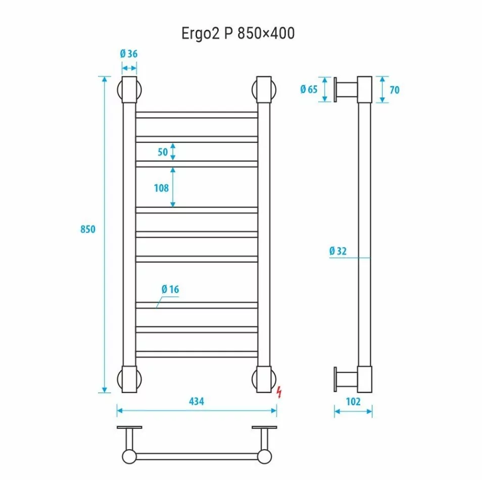 Полотенцесушитель электрический Energy Ergo2 P 850x400 прямой, черный матовый от магазина Vanna-Vanna.ru!
