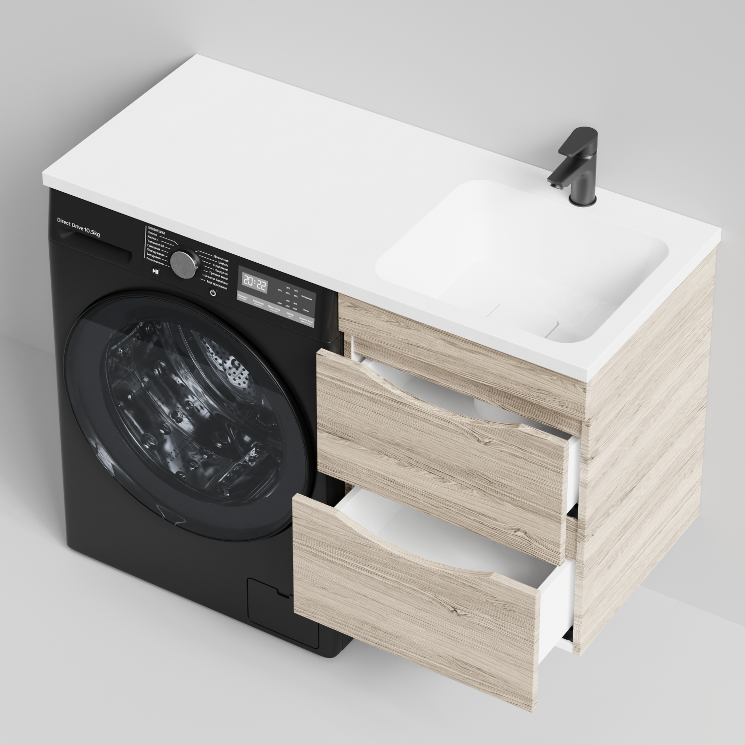 Тумба Vod-ok 48 с раковиной Смайл 110 подвесная, под стиральную машину, правая, Дубослив ореховый светлый