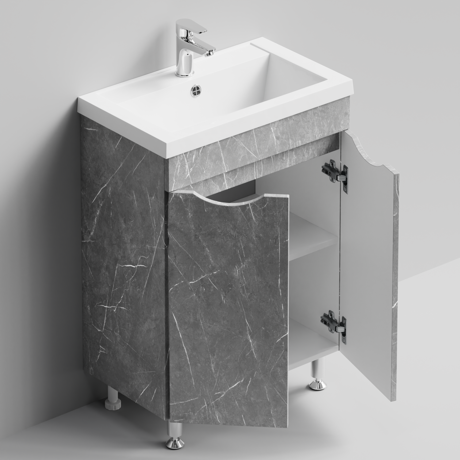 Тумба с раковиной Vod-ok Смайл 58 напольная, Мрамор Белый софт тач