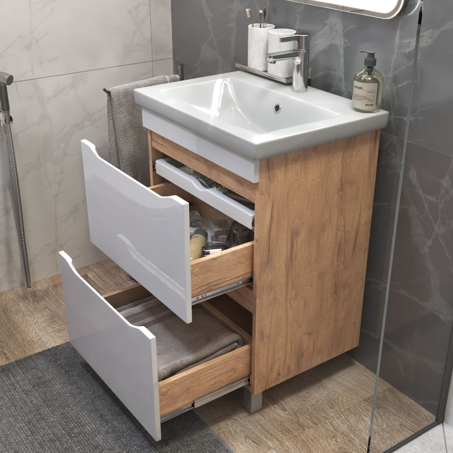 Тумба напольная Vigo Grani 600-0-2 с раковиной Элина 60, 2 ящика, дуб золотой