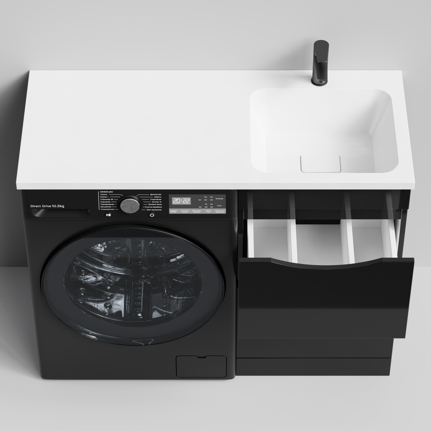 Тумба Vod-ok 48 с раковиной Смайл 110 напольная, под стиральную машину, правая, черный глянец