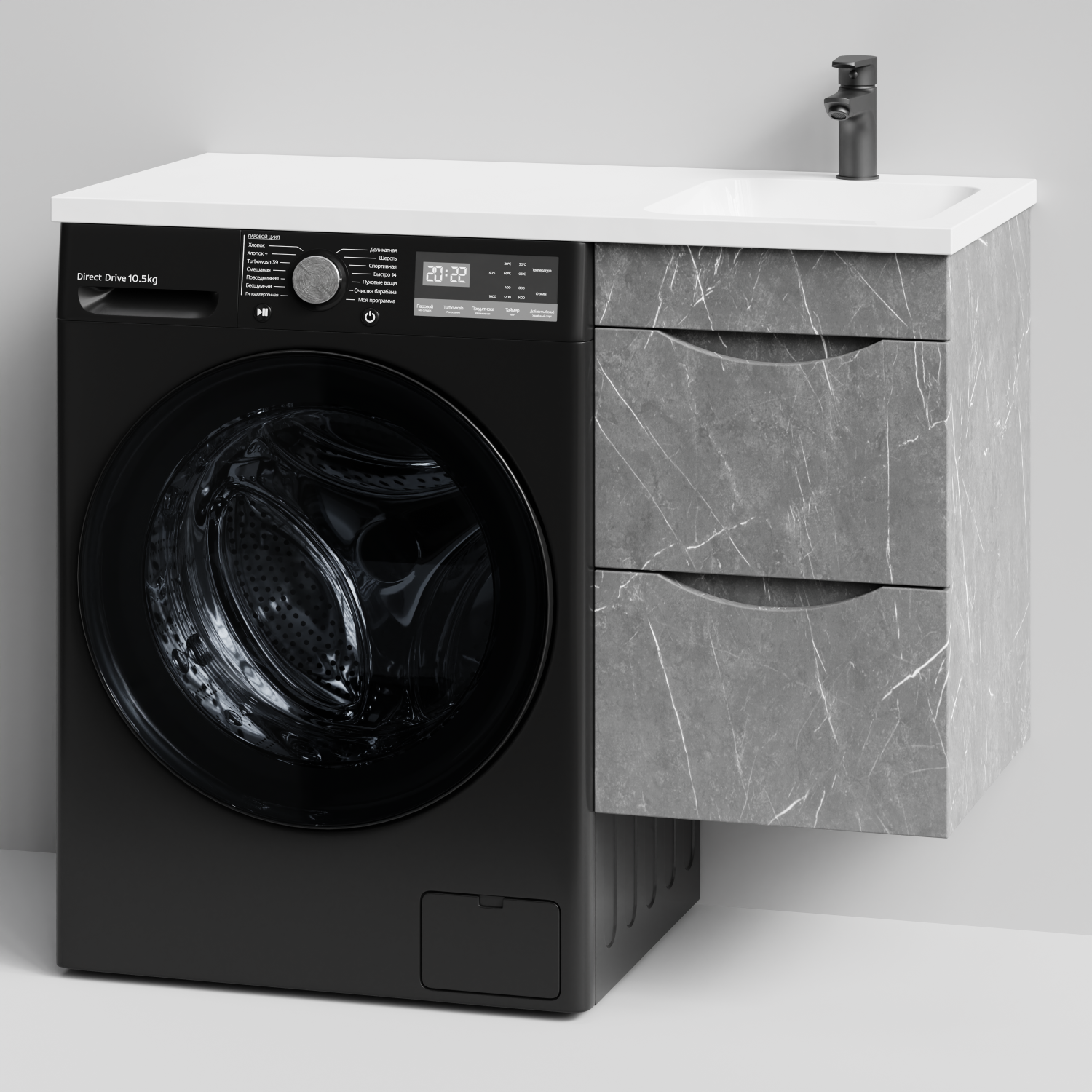 Тумба Vod-ok 38 с раковиной Смайл 100 подвесная, под стиральную машину, правая, Мрамор Серый софт тач