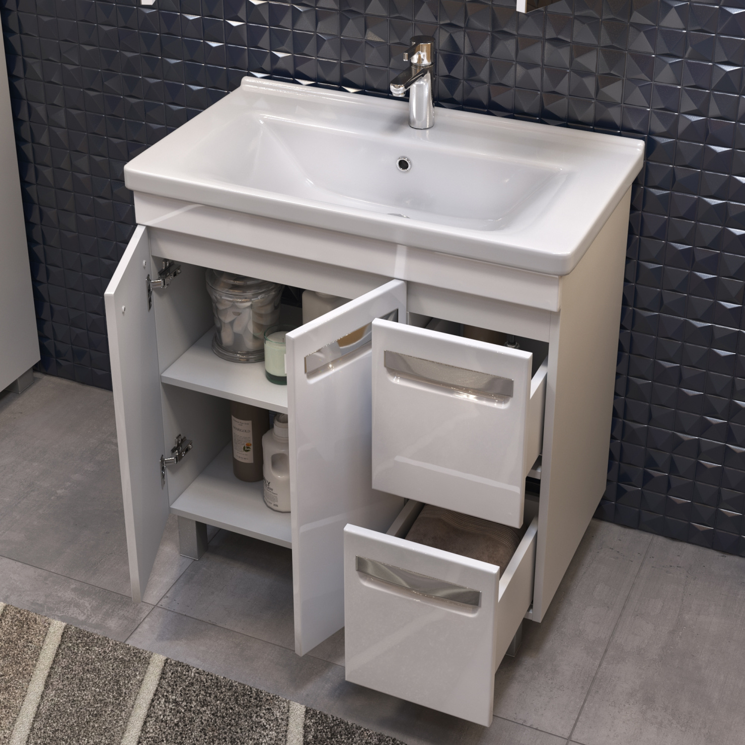 Тумба напольная Vigo Plaza 80 с раковиной Фостер 80, 2 ящика, 2 двери, белый