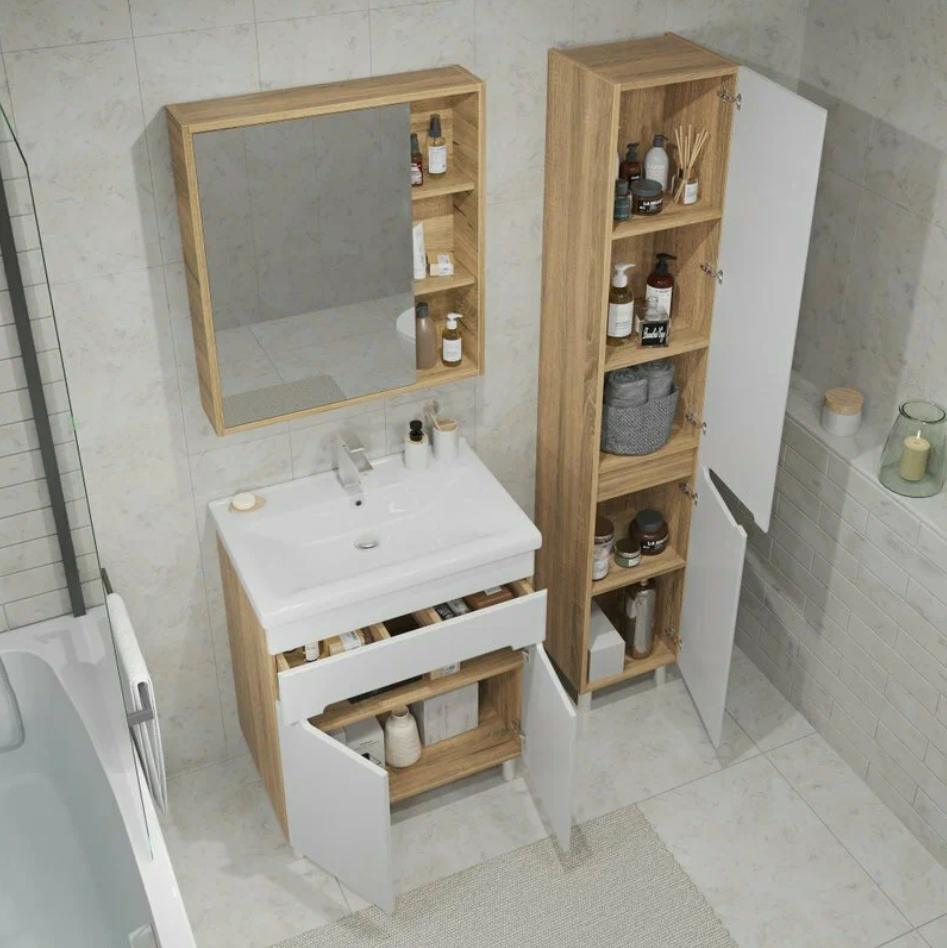 Тумба напольная SanStar Модена 70 с раковиной Миранда 70 белая, дуб вотан