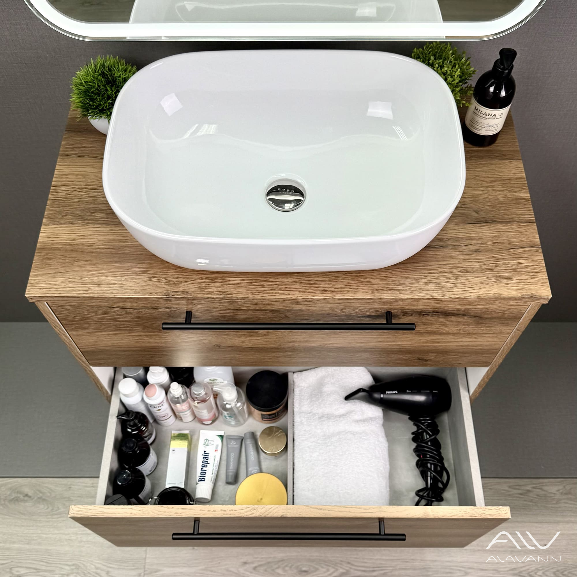 Тумба подвесная Alavann Rondo 80 с раковиной Moduo 50 SQUARE, дуб