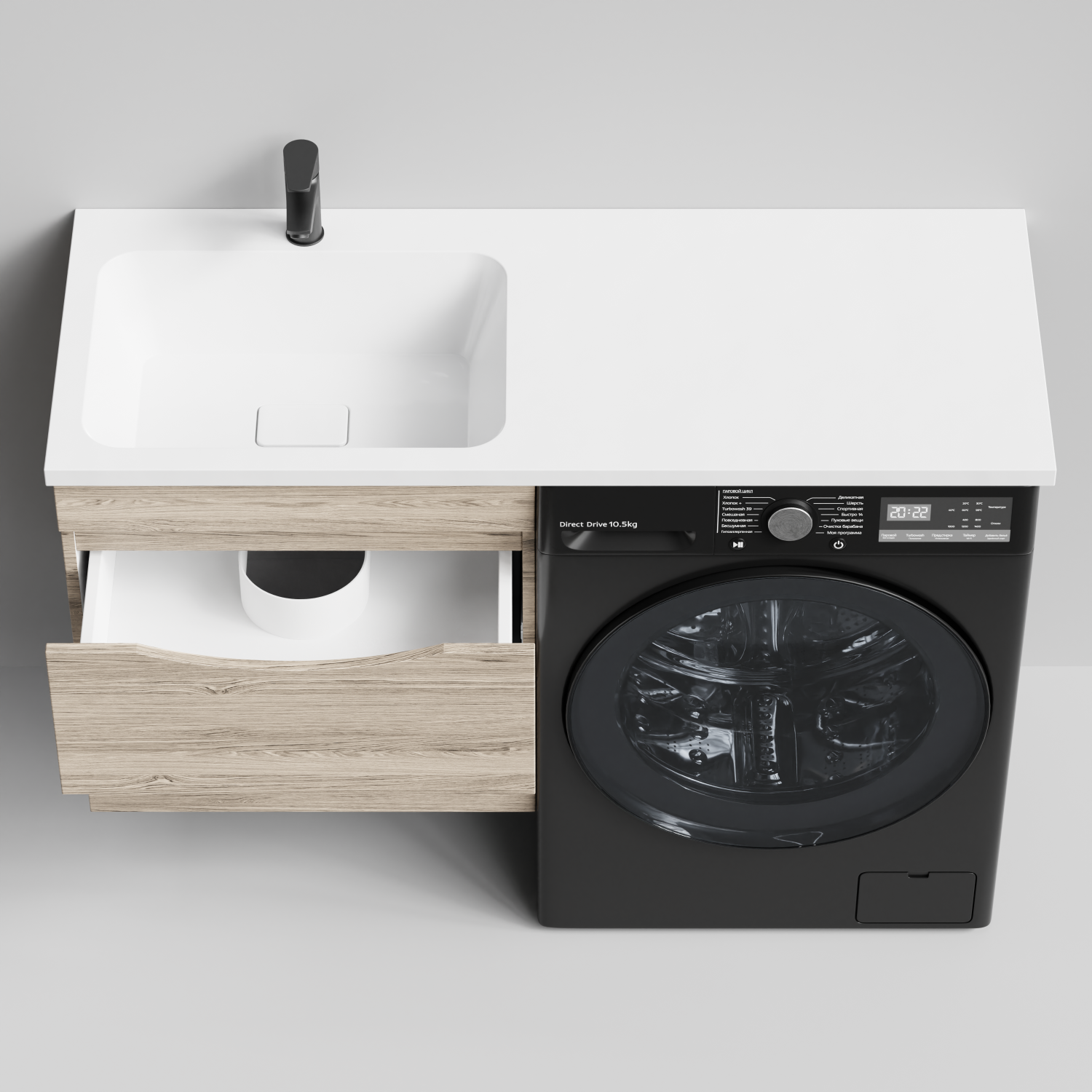 Тумба Vod-ok 58 с раковиной Смайл 120 подвесная, под стиральную машину, левая, Дубослив ореховый светлый