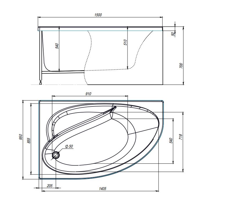 Комплект (3в1) Акриловая ванна TIMO IVA1595L 150*95*70+Каркас + Слив-перелив