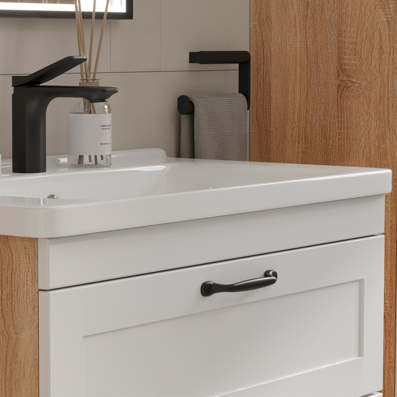 Тумба с раковиной EQUIL Lago 80 подвесная, 2 ящика, белый/дуб сонома