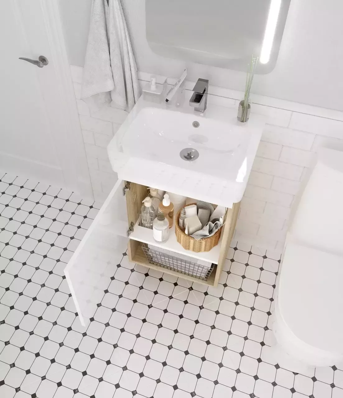 Тумба напольная 1Marka Tera 55Н с раковиной Нео 55, 1 дверь, белый/дуб сонома