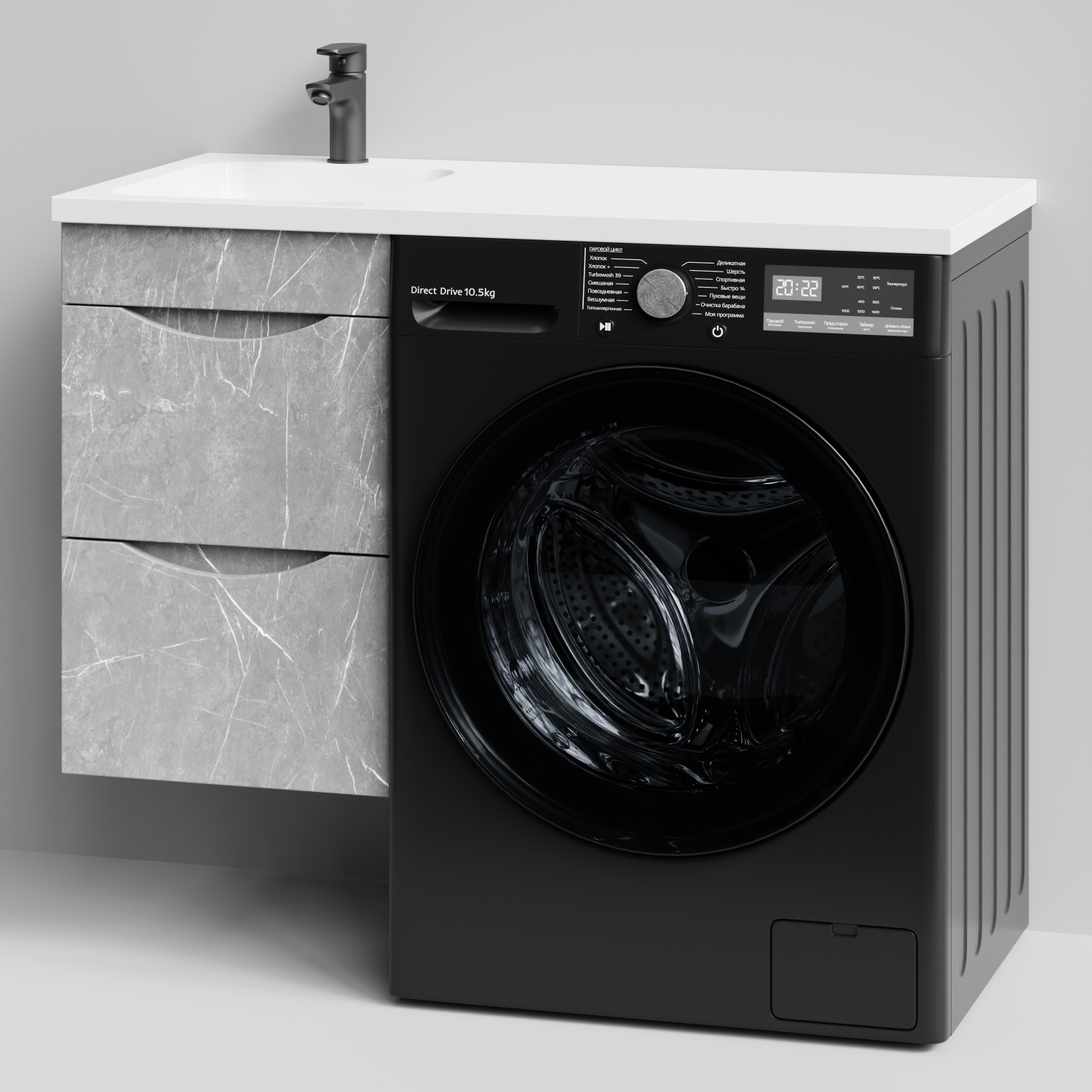 Тумба Vod-ok 38 с раковиной Смайл 100 подвесная, под стиральную машину, левая, Мрамор Белый софт тач