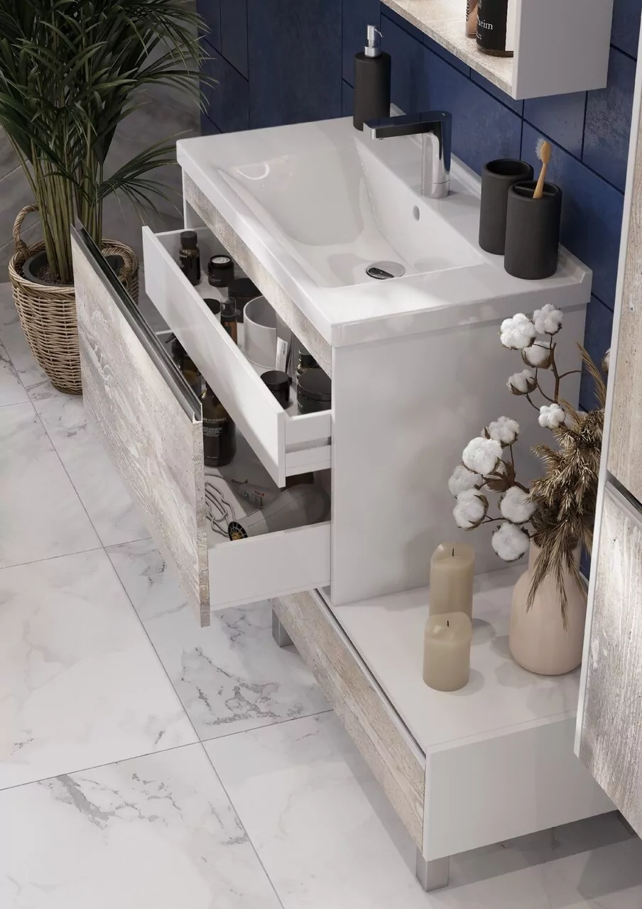 Тумба подвесная Aquaton Капри 80 раковиной Миранда 80, бетон пайн