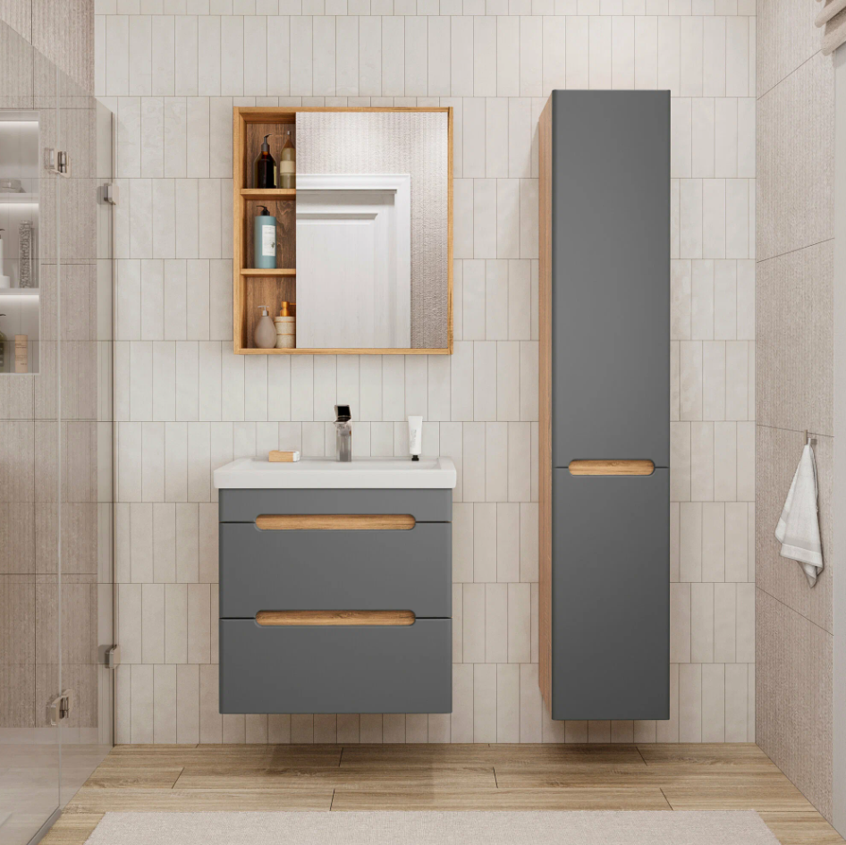 Тумба подвесная SanStar Diva 50 с раковиной Фостер 50, дуб вотан, графит софт