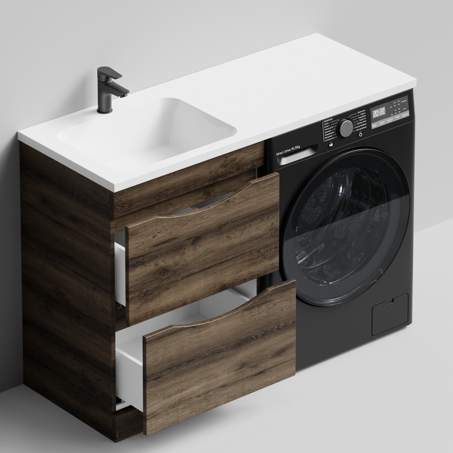 Тумба Vod-ok 58 с раковиной Смайл 120 напольная, под стиральную машину, левая, Дуб крымский коричневый