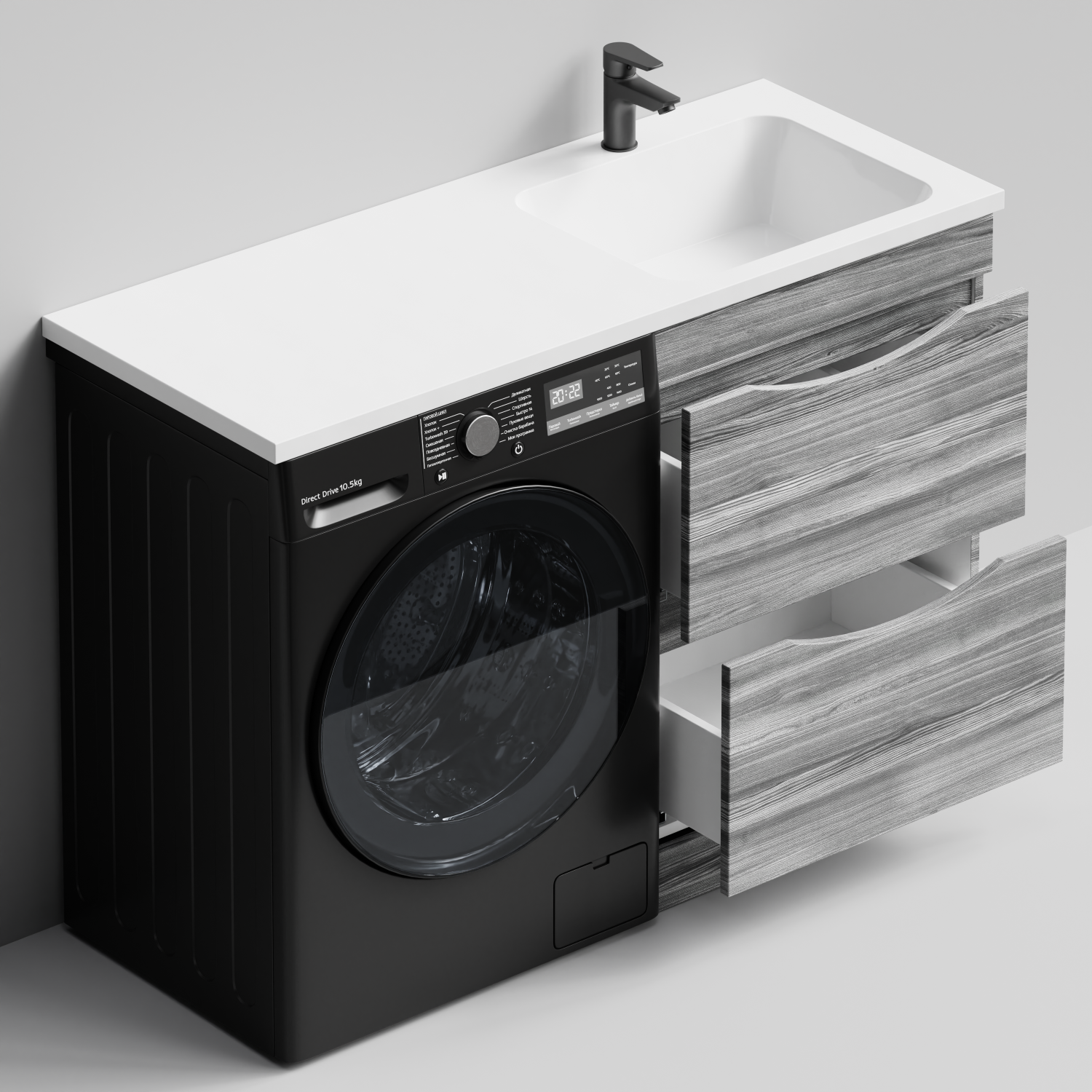 Тумба Vod-ok 68 с раковиной Смайл 130 подвесная, под стиральную машину, правая, Лиственница структурная контрастно-серая