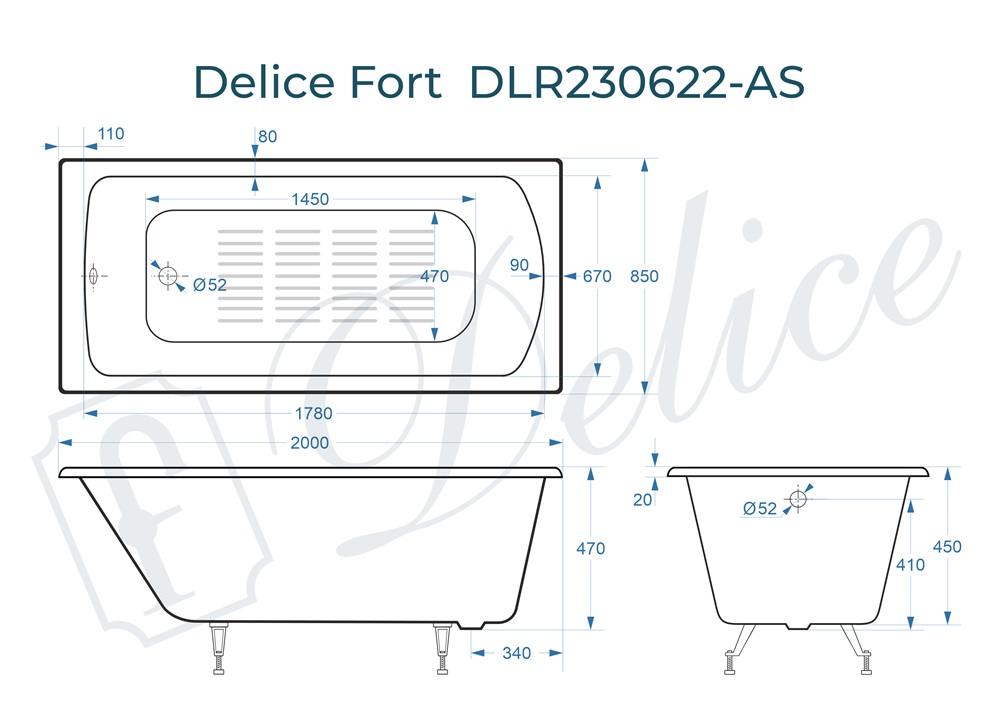 Ванна чугунная Delice Fort 200х85 DLR230622-AS с антискользящим покрытием