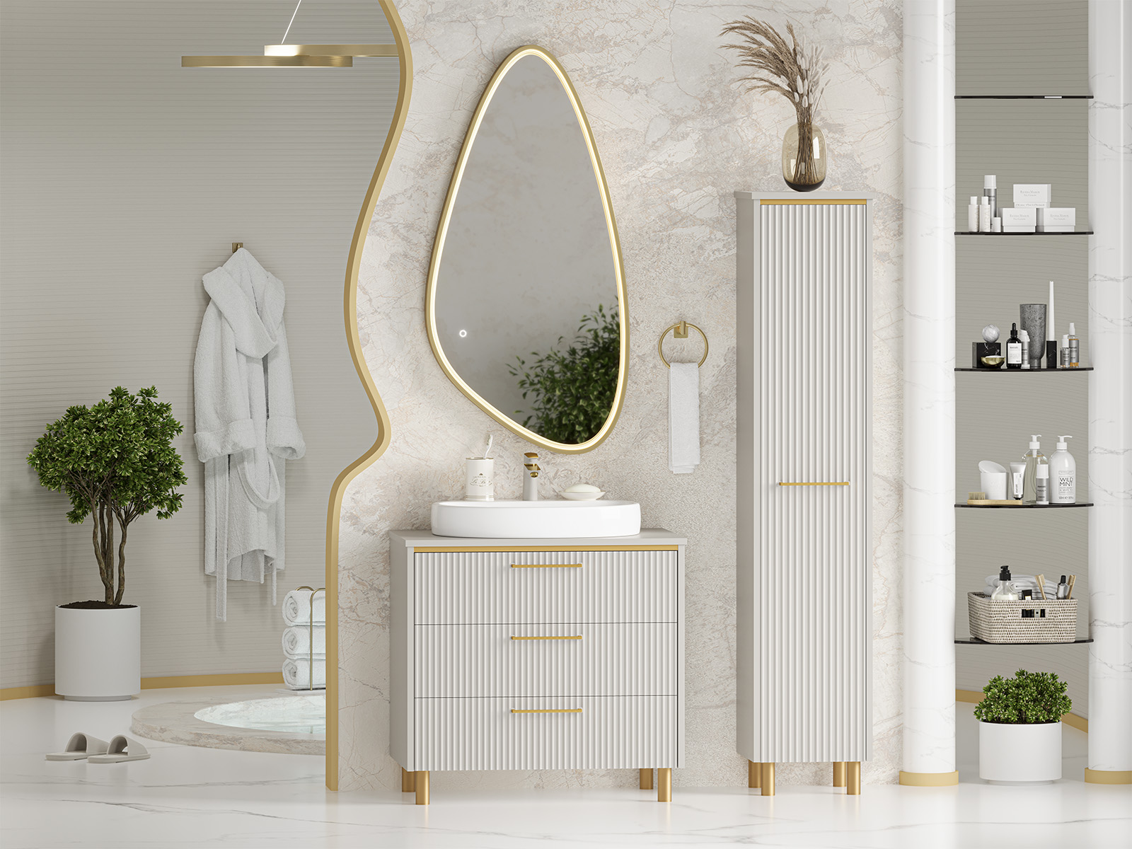 Тумба с раковиной Brevita Elche 80 серый/патина золото