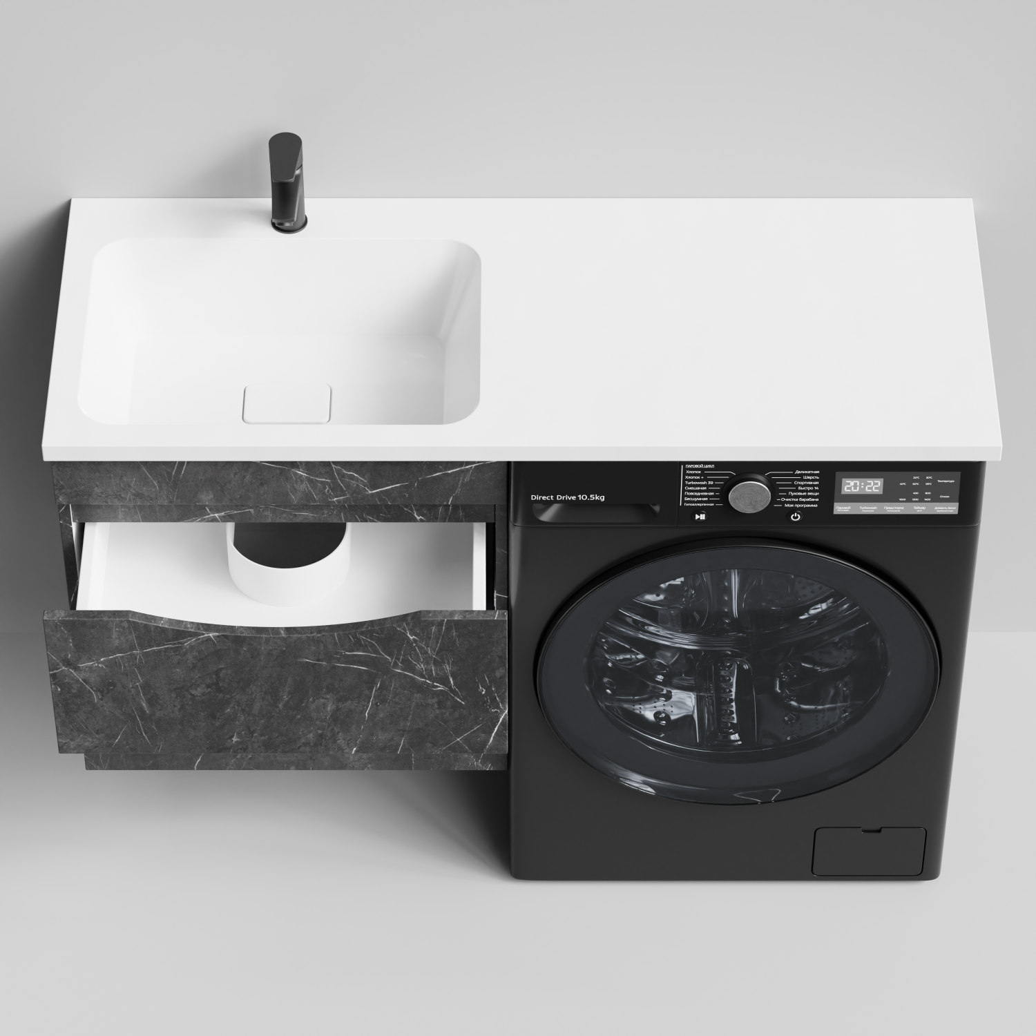 Тумба Vod-ok 58 с раковиной Смайл 120 подвесная, под стиральную машину, левая, Мрамор Графит софт тач