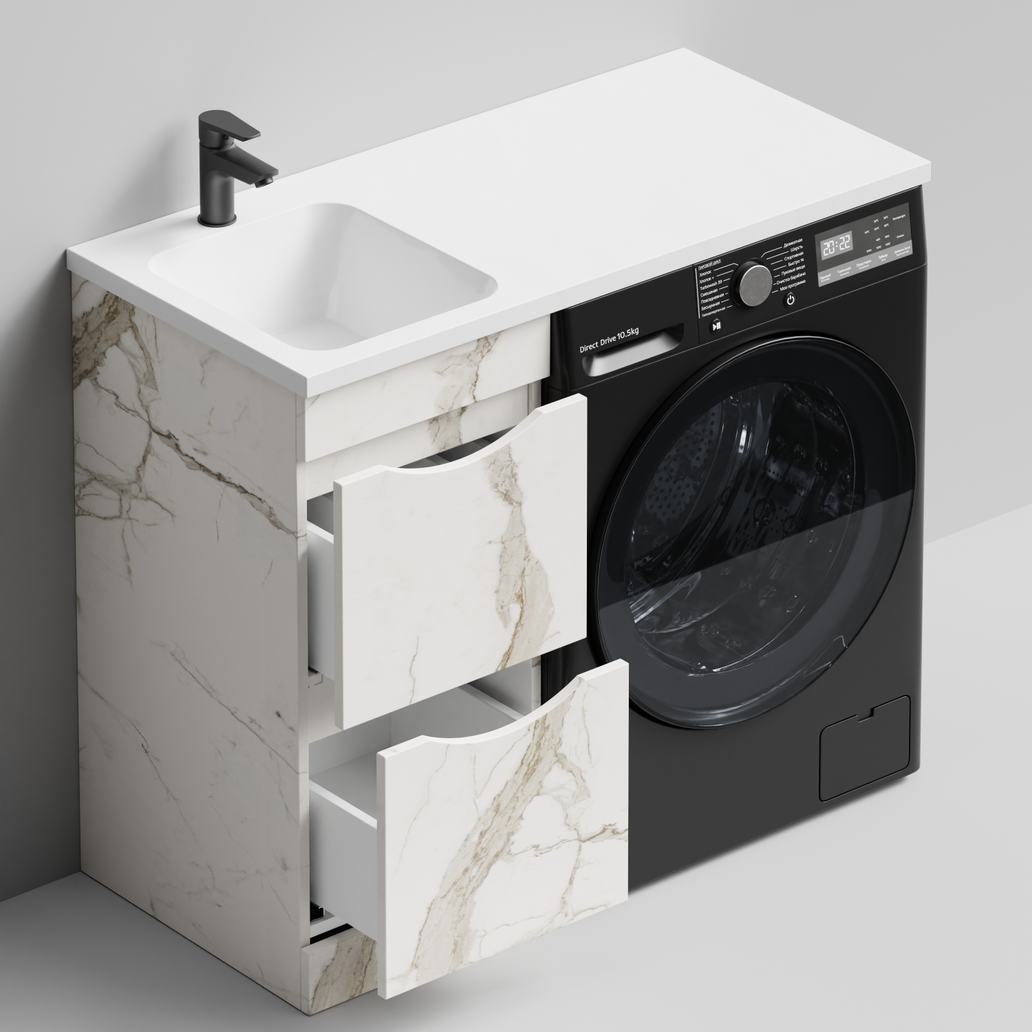 Тумба Vod-ok 38 с раковиной Смайл 100 напольная, под стиральную машину, левая, Мрамор Белый натур милк