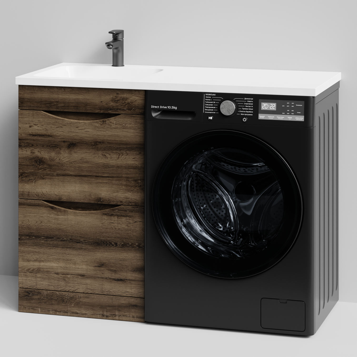 Тумба Vod-ok 48 с раковиной Смайл 110 напольная, под стиральную машину, левая, Дуб крымский коричневый