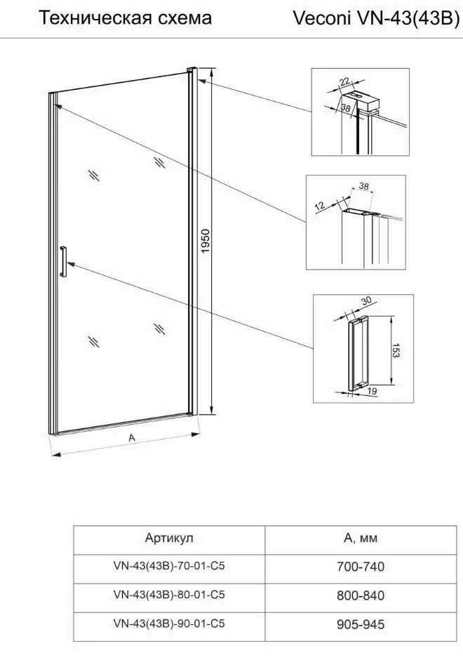 Душевая дверь Veconi VN43B-90-01 в нишу, распашная, прозрачное стекло, черный матовый