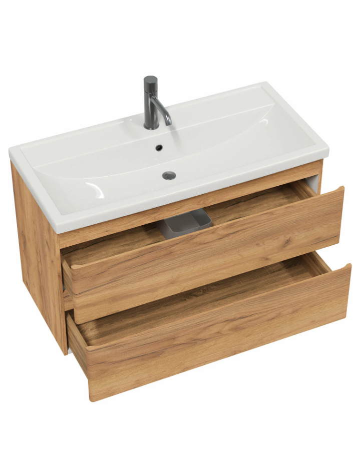 Тумба подвесная SanStar Riana 100 с раковиной Миранда 100, gold kraft