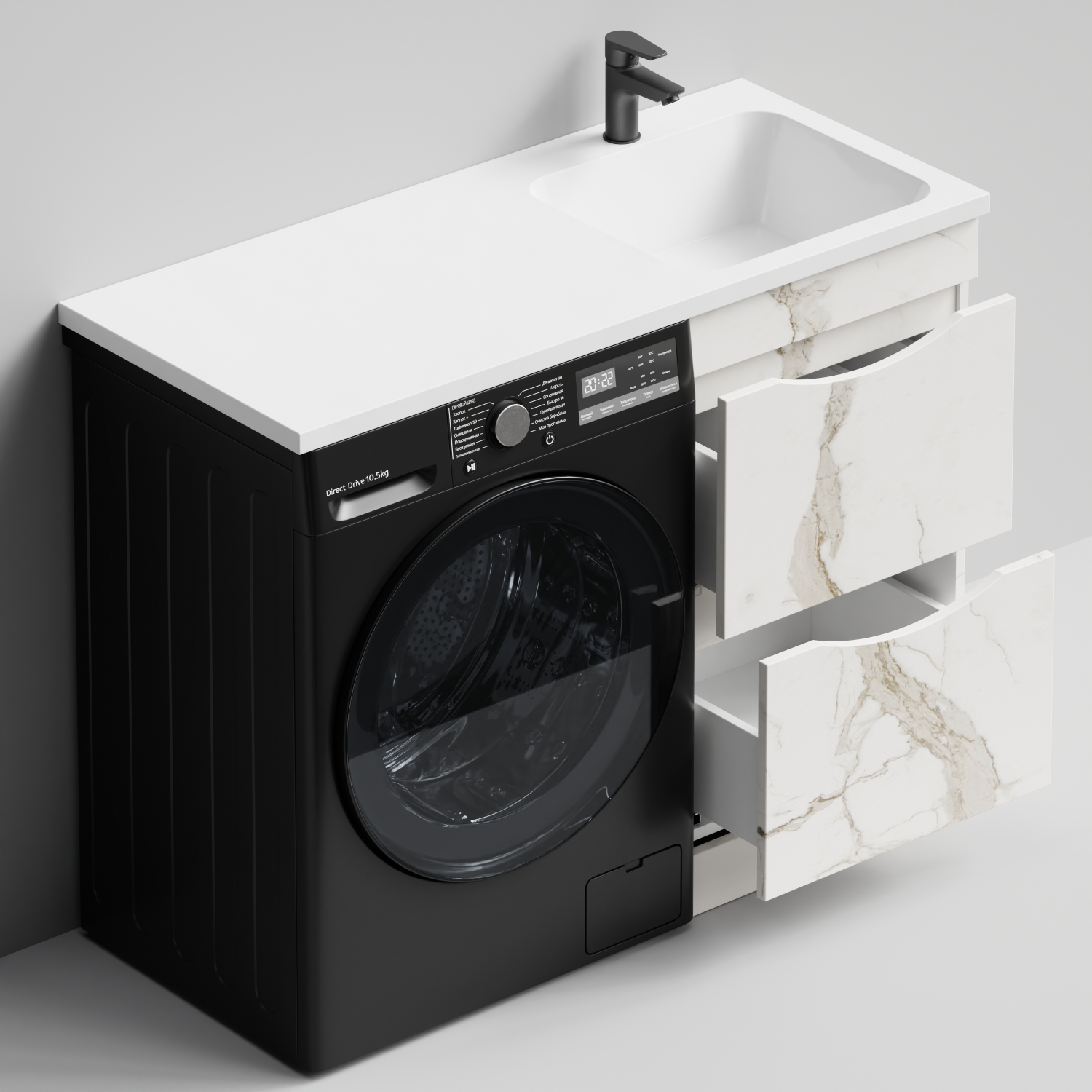 Тумба Vod-ok 48 с раковиной Смайл 110 напольная, под стиральную машину, правая, Мрамор Белый натур милк