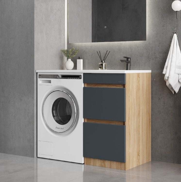 Тумба напольная Onika Милтон 58 с раковиной Марсал 120 под стиральную машину, правая, серая/дуб сонома