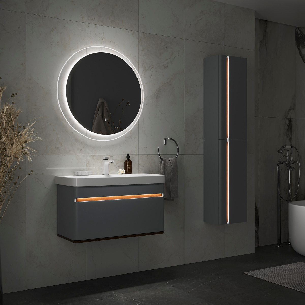 Тумба подвесная EQUIL Elegante с раковиной Nice 80, 1 ящик, мэйджик/дуб голиано