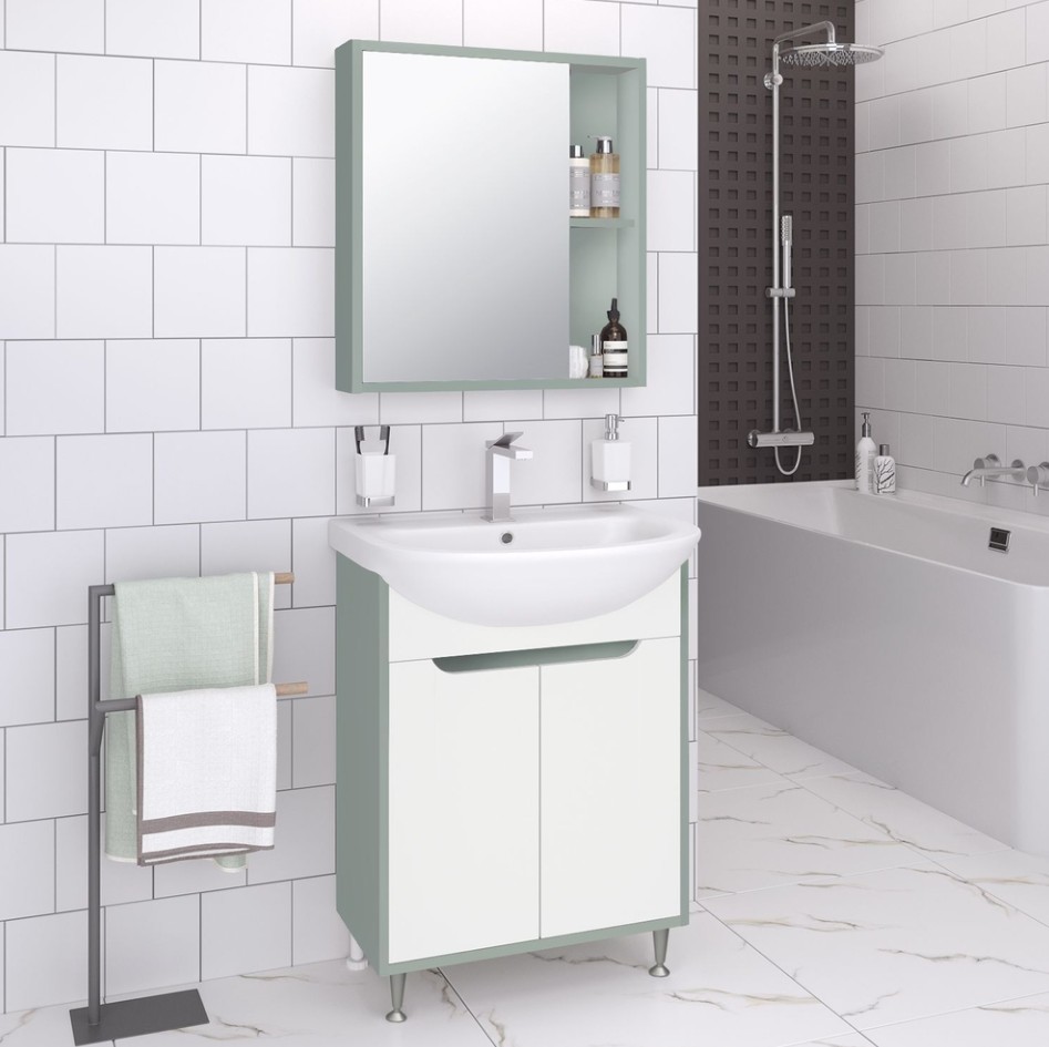 Тумба напольная Runo Эконова 60 с раковиной Уют 60, 2 двери, бирюзово-белый