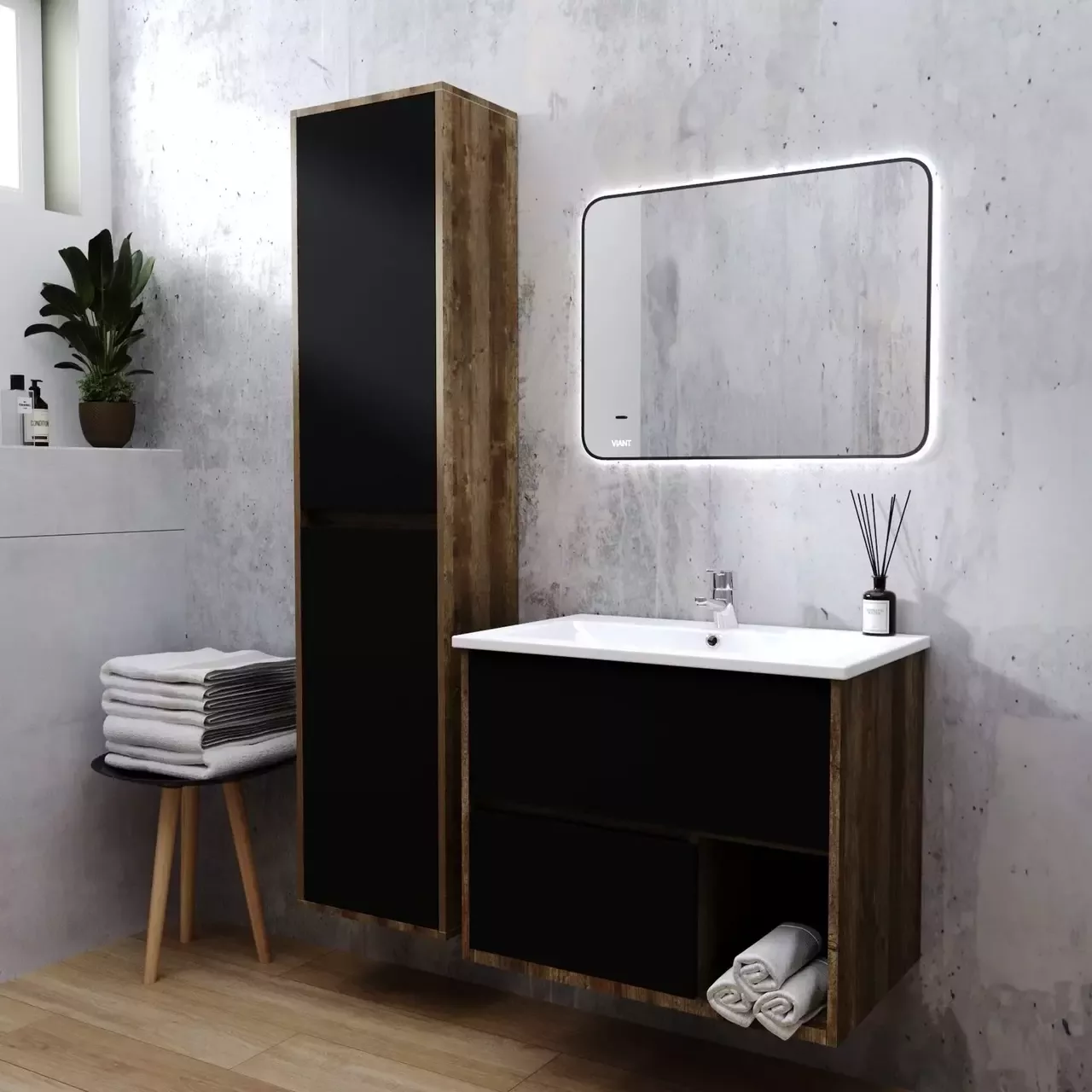 Тумба подвесная Viant Люксембург 75 с раковиной Элина 75, два ящика, черный/темное дерево