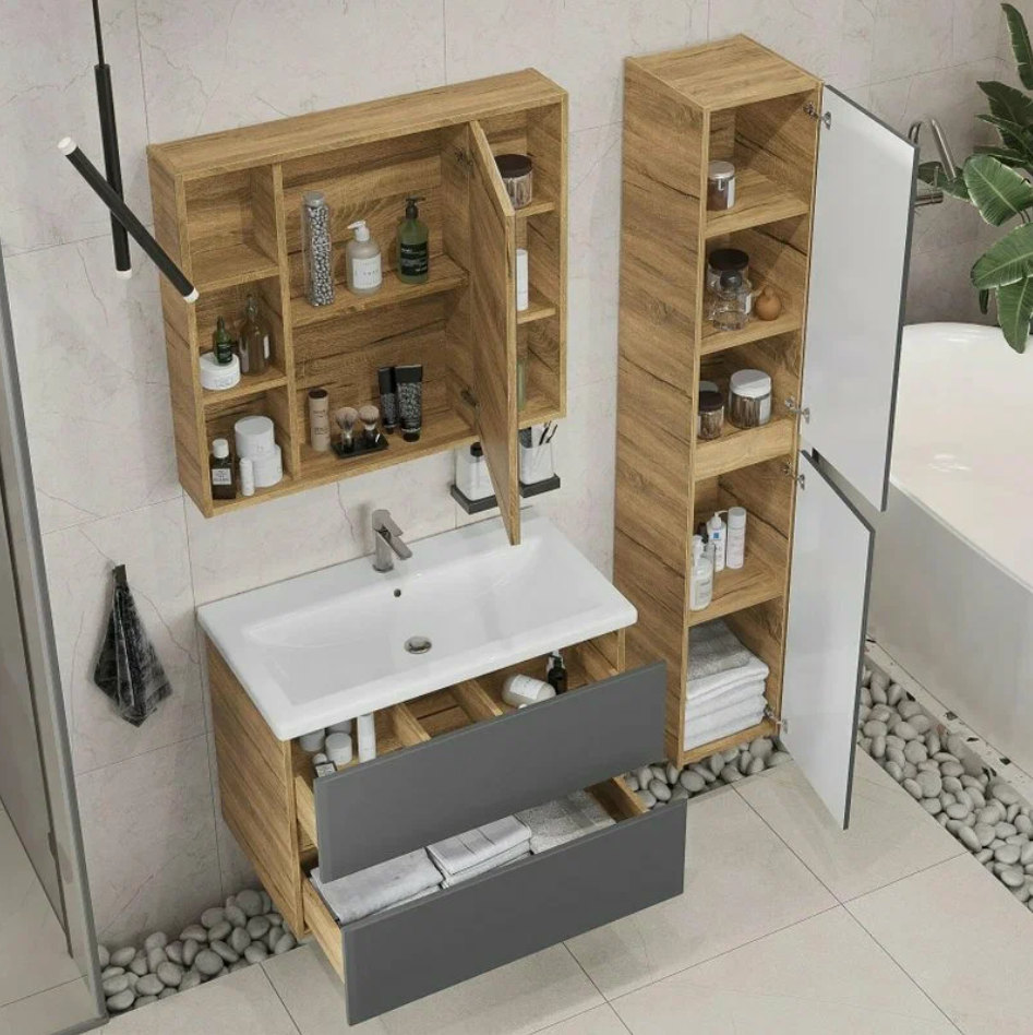 Тумба подвесная SanStar Graffa 100 с раковиной Миранда 100 Дуб вотан, графит софт