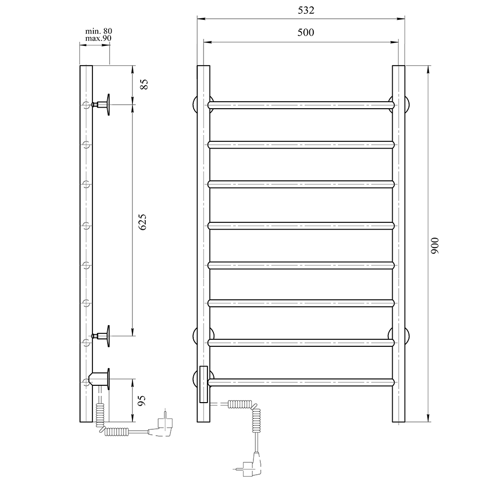 Полотенцесушитель электрический Domoterm DMT 109-8 50x90 EKTD L хром