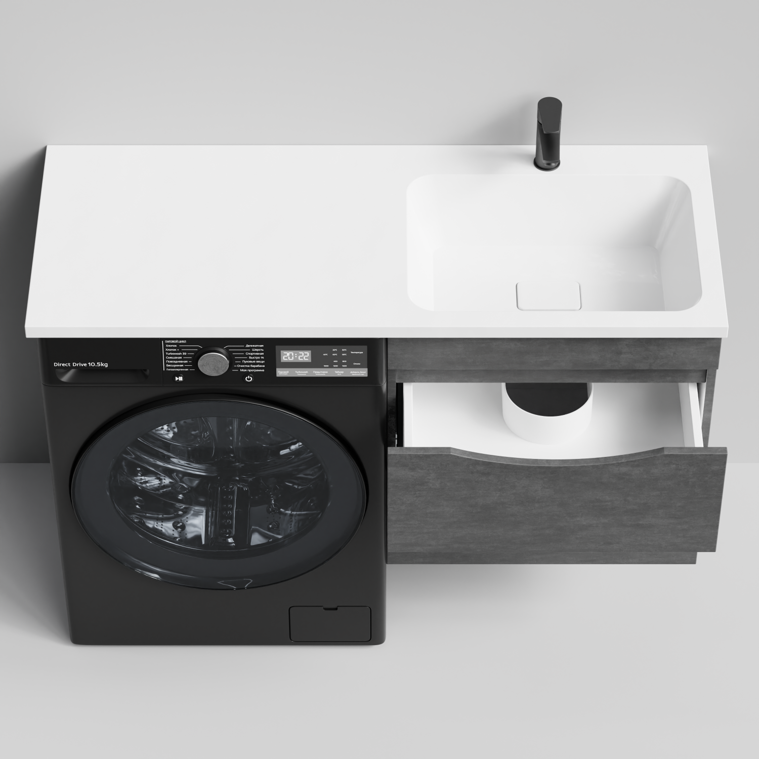 Тумба Vod-ok 58 с раковиной Смайл 120 подвесная, под стиральную машину, правая, Серый камень