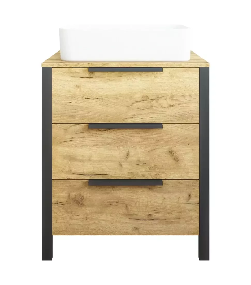 Тумба напольная Sanflor Гард 70/2 с раковиной Олимпия 56, дуб крафт золотой/черный