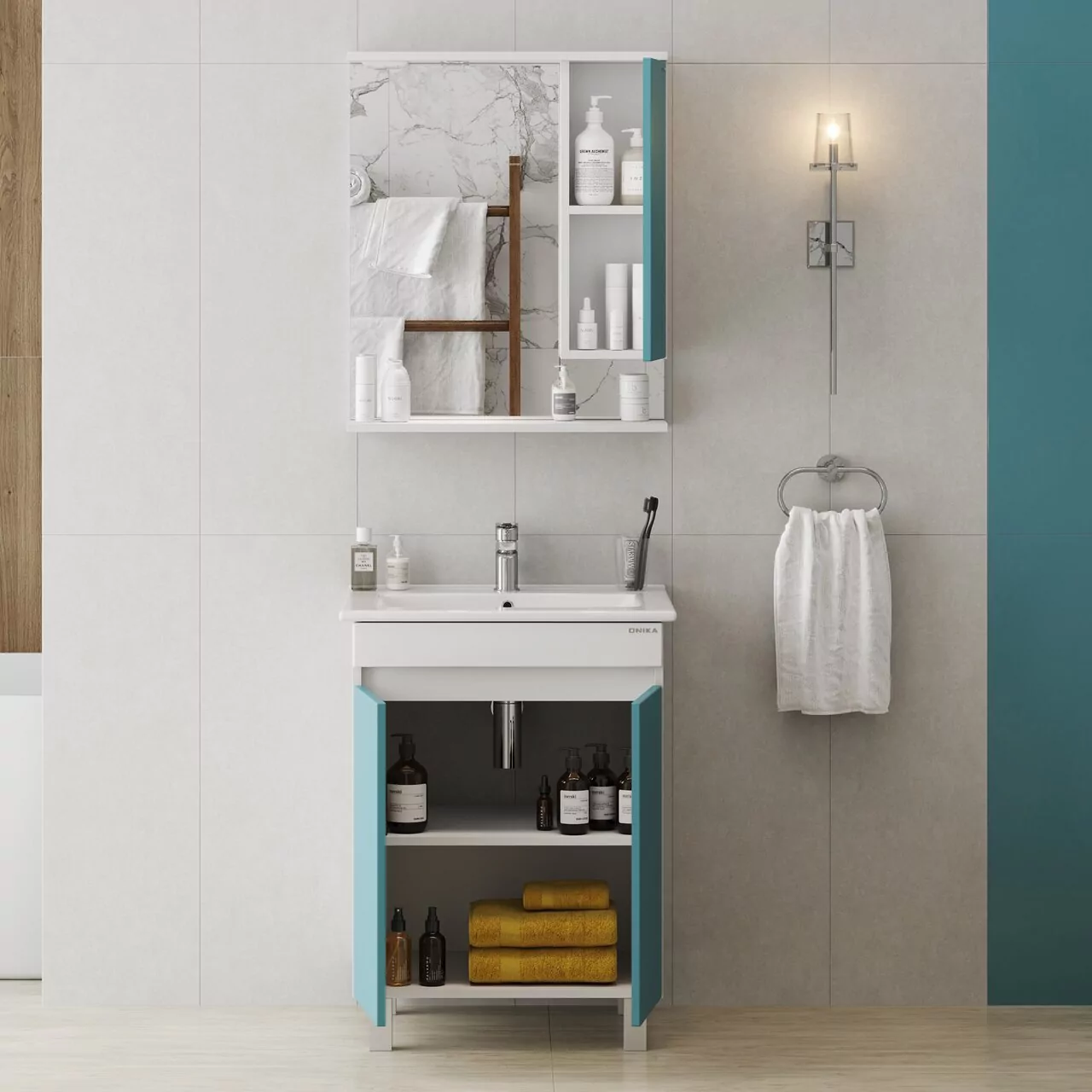 Тумба напольная Onika Марви 60 с раковиной Элина 60, бирюза/белый