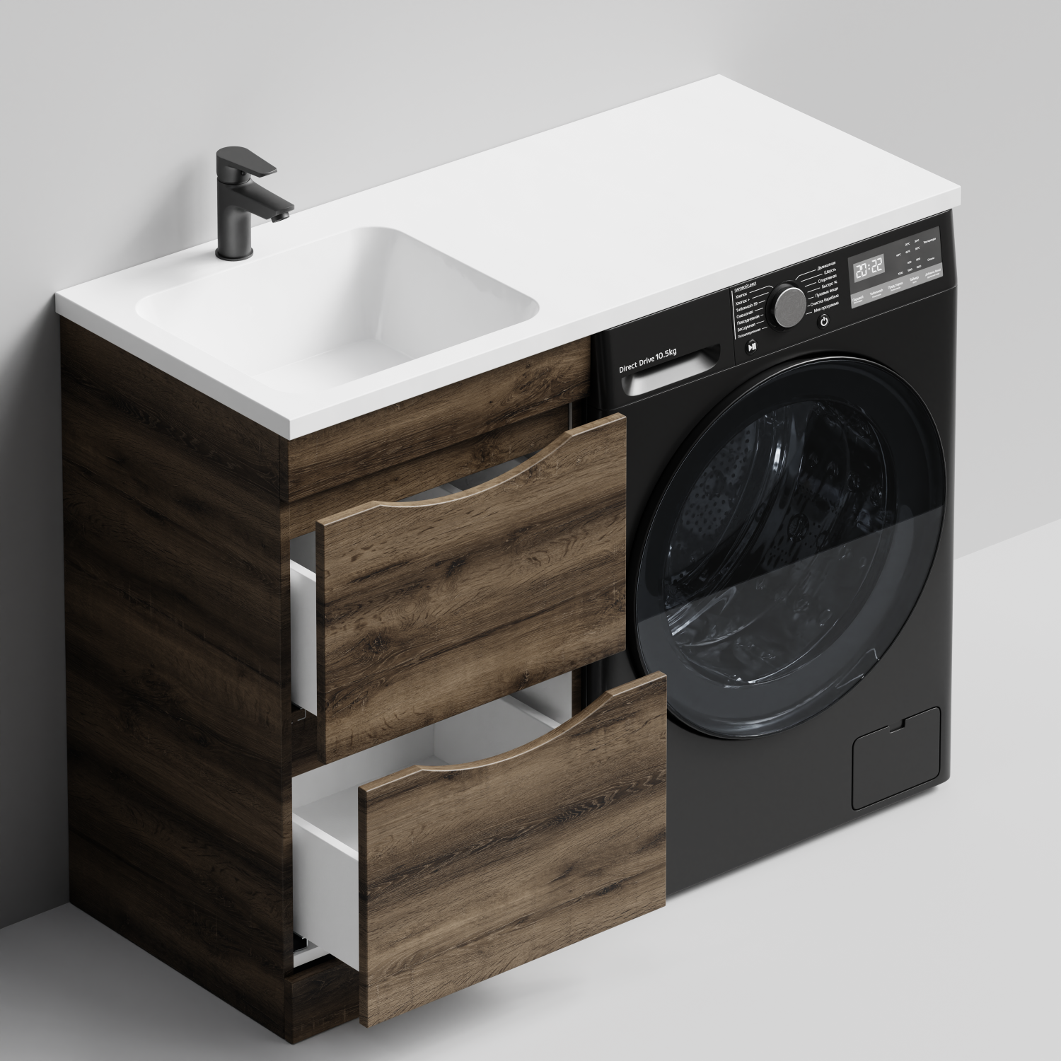 Тумба Vod-ok 48 с раковиной Смайл 110 напольная, под стиральную машину, левая, Дуб крымский коричневый