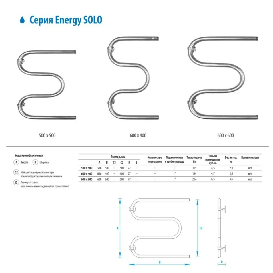 Полотенцесушитель водяной Energy Solo 600x600 хром