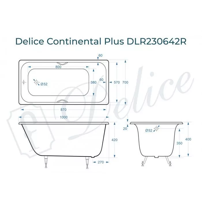 Ванна чугунная Delice Continental PLUS 100х70 DLR230642R прямоугольная, с отверстиями под ручки