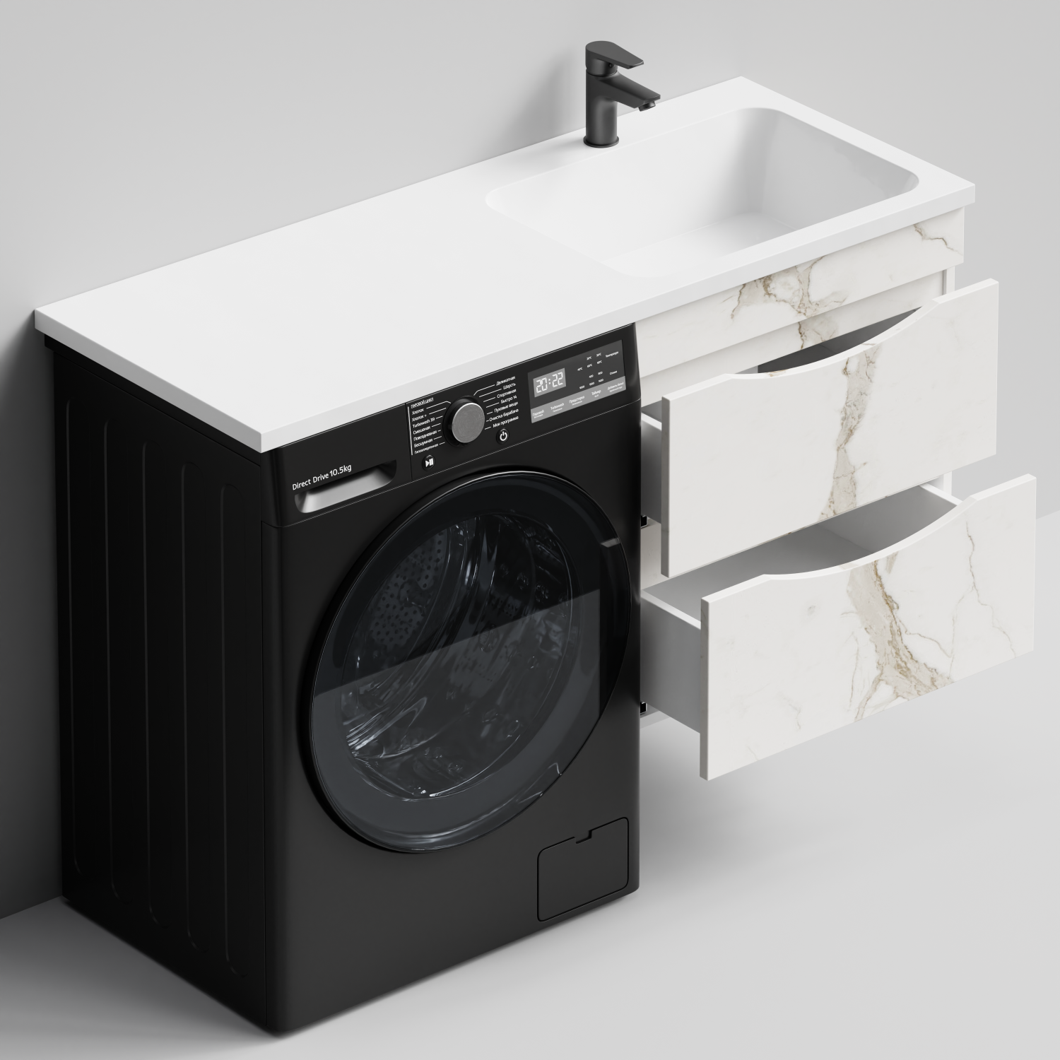 Тумба Vod-ok 58 с раковиной Смайл 120 подвесная, под стиральную машину, правая, Мрамор Белый натур милк