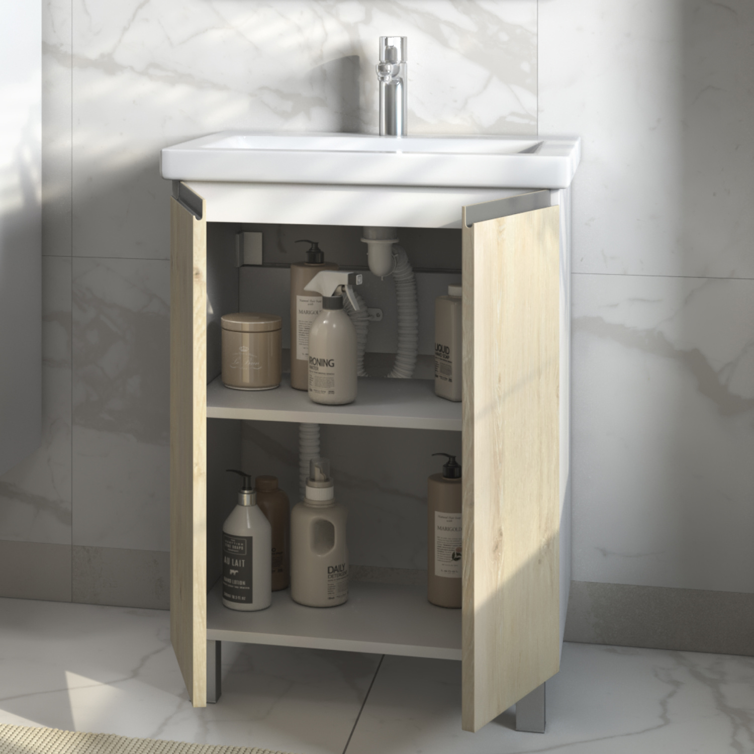 Тумба напольная Vigo Yuma 600-2-0 с раковиной Como 60, 2 двери, дуб давос