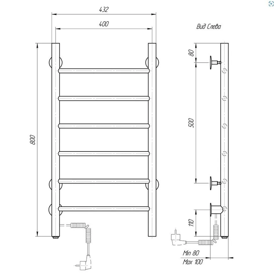 Полотенцесушитель электрический Domoterm Аврора 109-6 40x80 EK L левый, хром