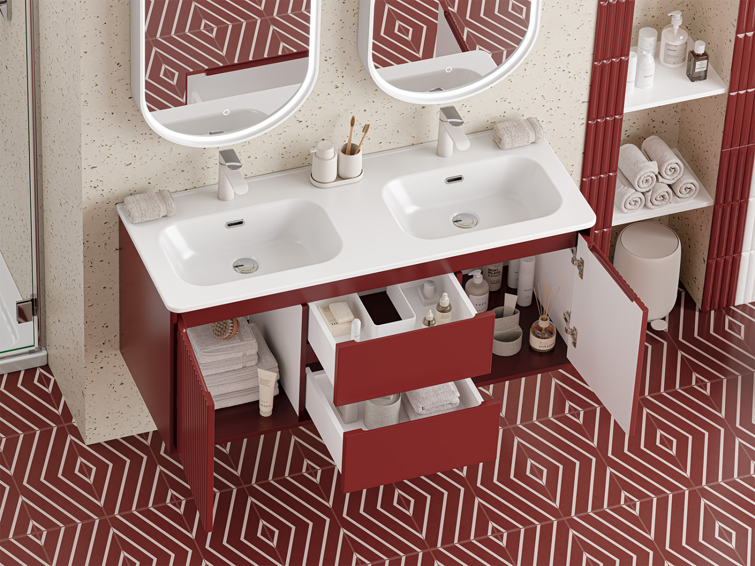 Тумба с раковиной Brevita Wine 120 подвесная (бордовая) с раковиной Brevita Onda 120 с двумя чашами