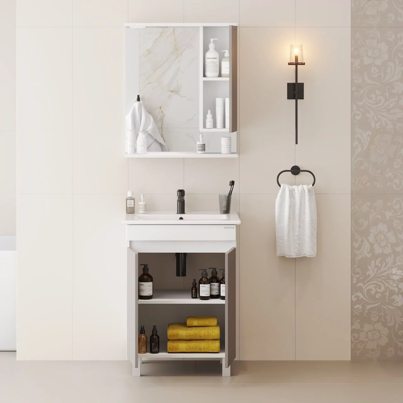 Тумба напольная Onika Марви 60 с раковиной Элина 60, мокко/белый