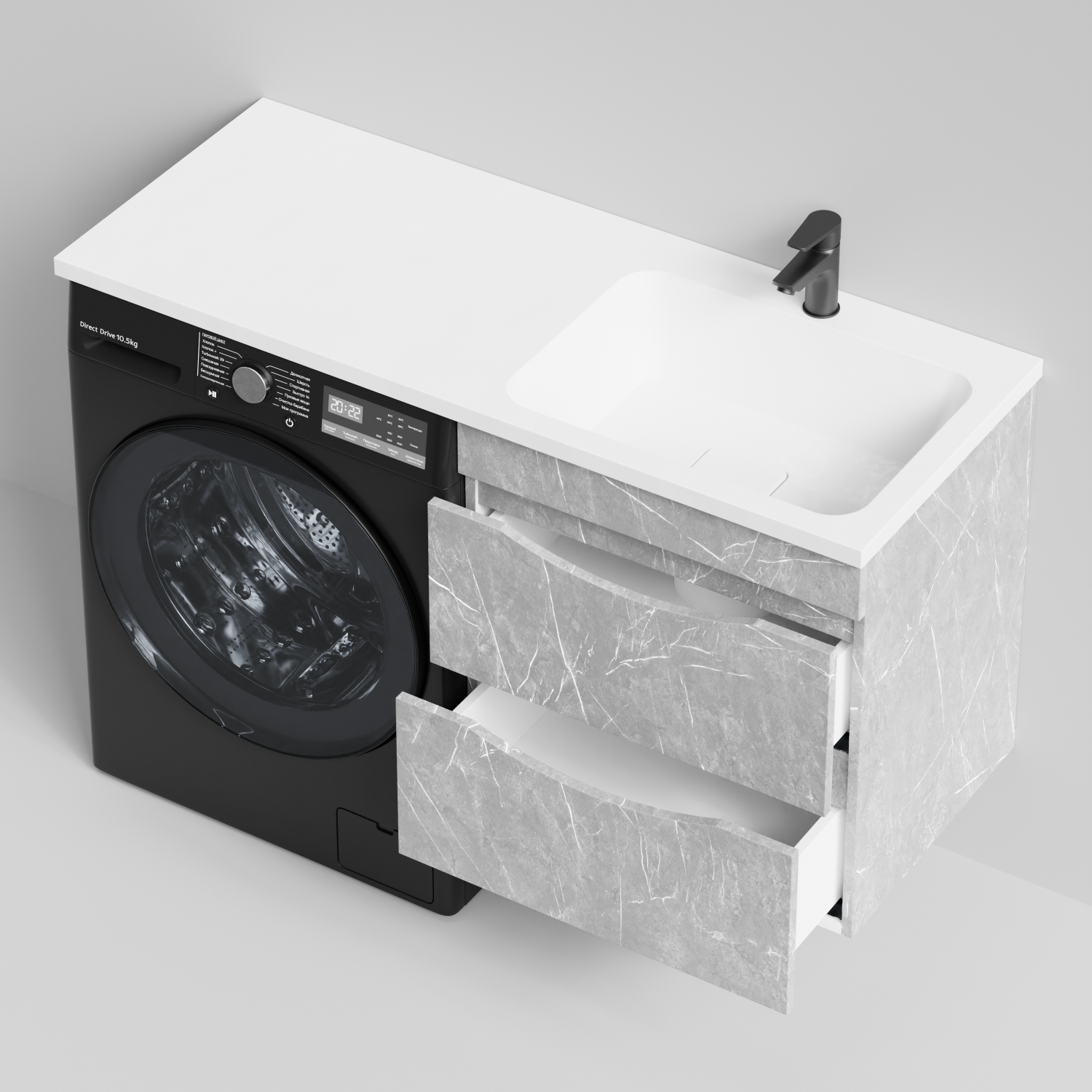 Тумба Vod-ok 58 с раковиной Смайл 120 подвесная, под стиральную машину, правая, Мрамор Белый софт тач