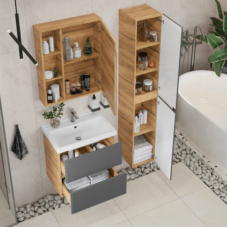 Тумба подвесная SanStar Graffa 60 с раковиной Фостер 60 Дуб вотан, графит софт