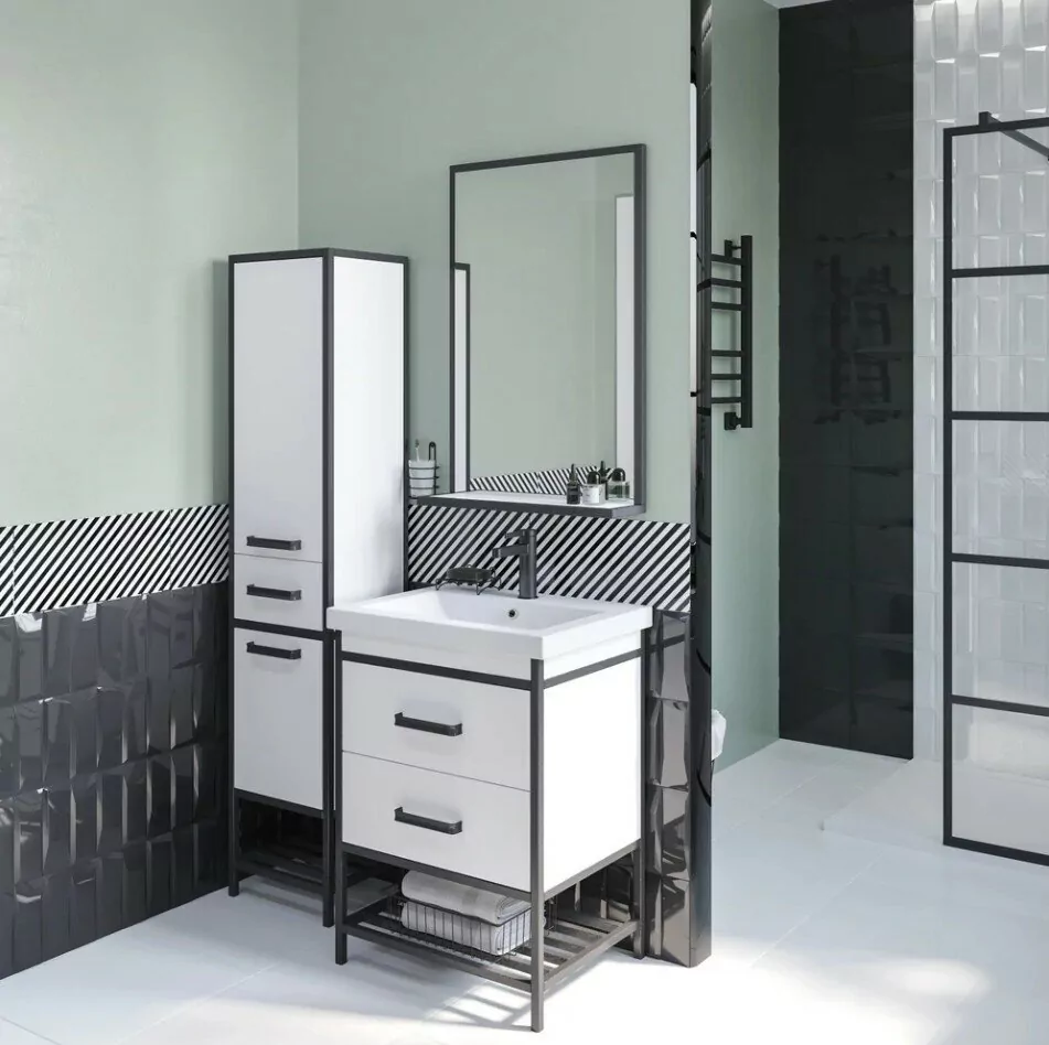 Тумба с раковиной Sanflor Норд 60 напольная, белый, черный муар