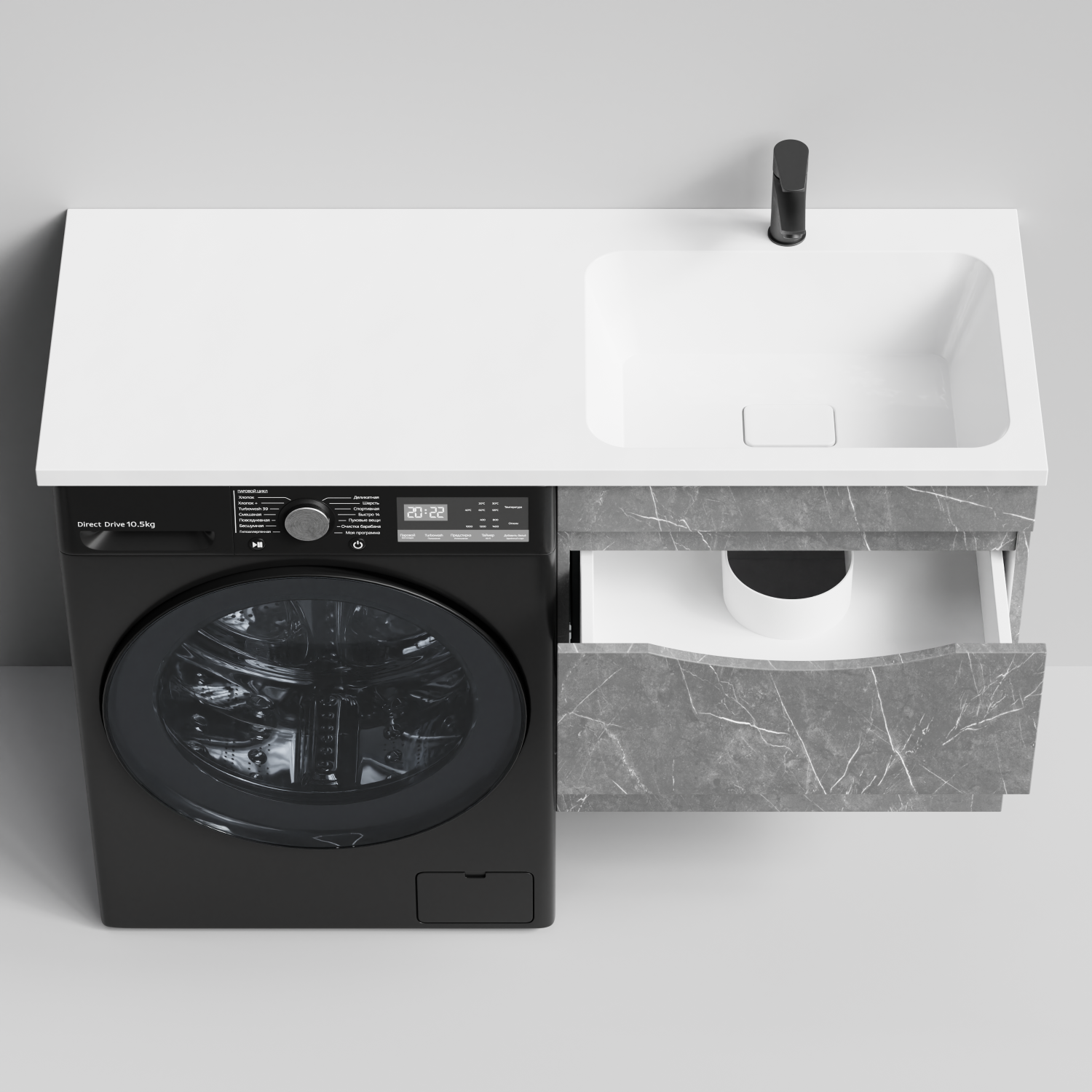 Тумба Vod-ok 58 с раковиной Смайл 120 подвесная, под стиральную машину, правая, Мрамор Серый софт тач