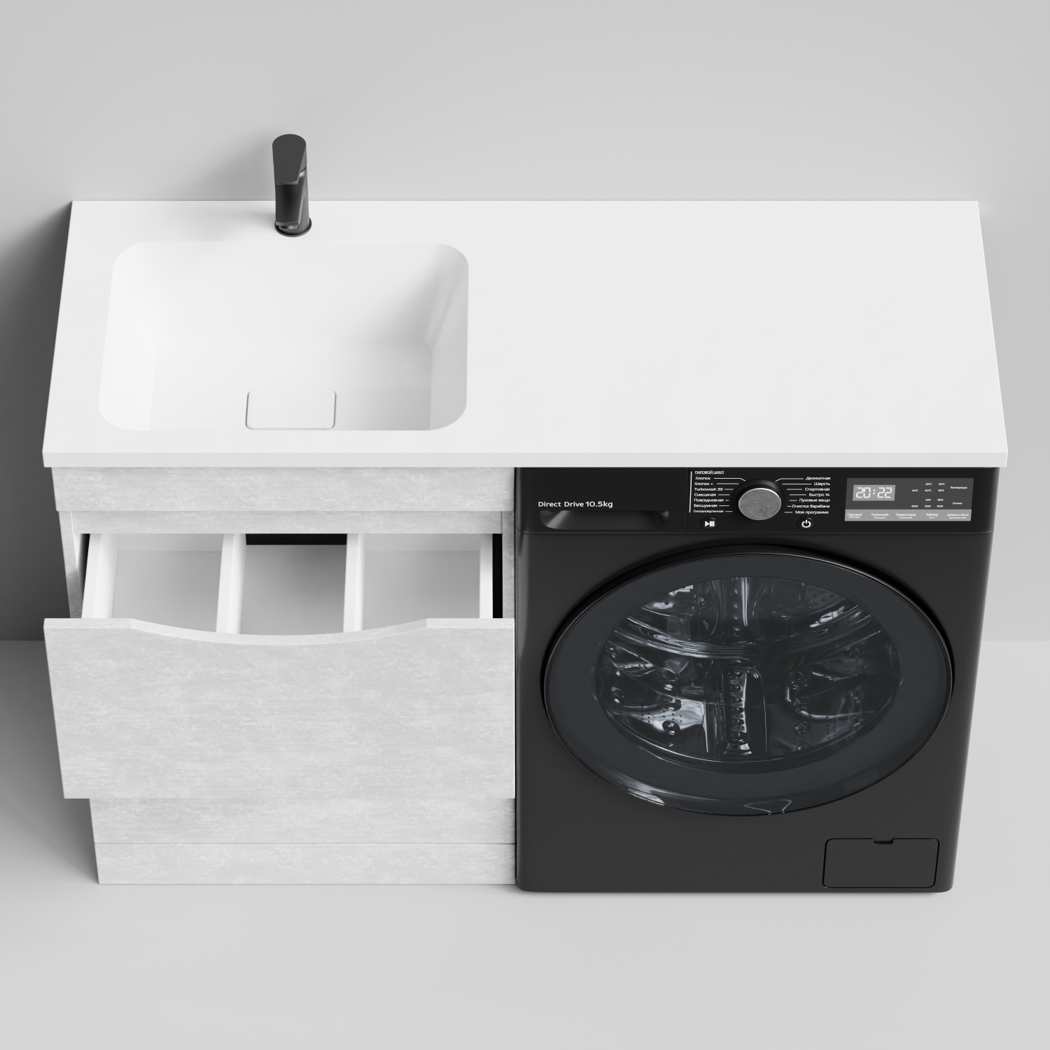 Тумба Vod-ok 58 с раковиной Смайл 120 напольная, под стиральную машину, левая, Белый камень