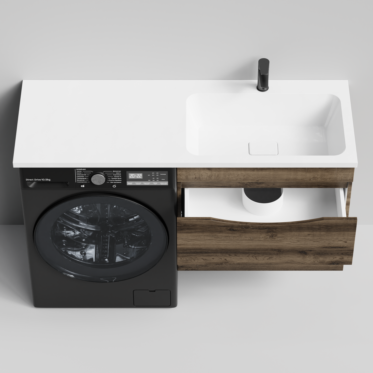 Тумба Vod-ok 68 с раковиной Смайл 130 подвесная, под стиральную машину, правая, Дуб крымский коричневый