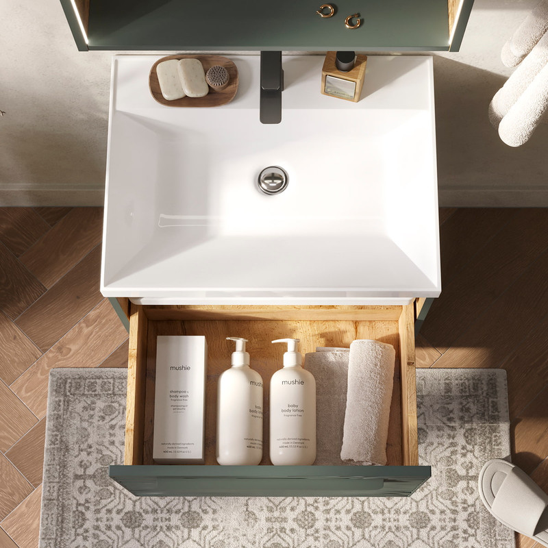 Тумба с раковиной EQUIL Gleam 60 подвесная, один ящик, зеленый камень/дуб вотан